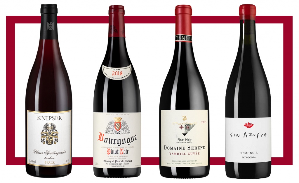 Слева направо: Knipser Spatburgunder Blauer 2016; Domaine Thierry et Pascale Matrot Bourgogne Pinot Noir 2018; Domaine Serene Yamhill Cuvee Pinot Noir 2015; Chacra Sin Azufre Pinot Noir 2020